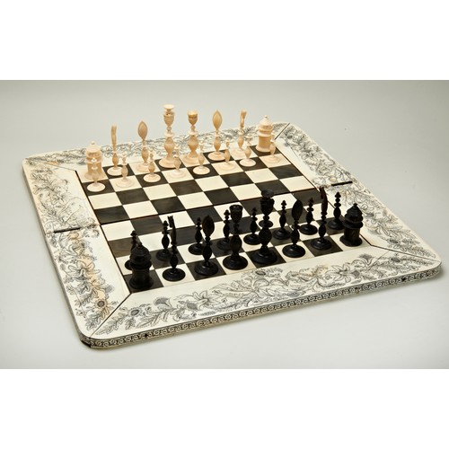 331 - ANGLO-INDIAN IVORY, HORN AND SANDALWOOD CHESS SET, BOX AND BOARDVIZAGAPATAM, MID 19TH CENTURYThe box... 