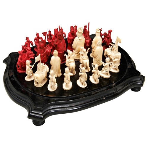 233 - RARE CANTONESE CARVED IVORY 'KING GEORGE AND QUEEN CHARLOTTE' CHESS SETQING DYNASTY, EARLY 19TH CENT... 