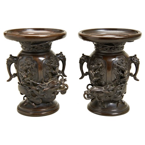 320 - PAIR OF JAPANESE BRONZE 'DRAGON' VASES, SIGNED SOHOMEIJI PERIOD (1868-1912)the sides cast in high re... 