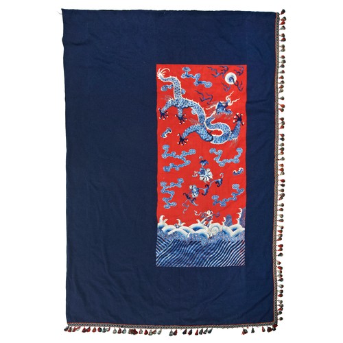 238 - TWO EMROIDERED-SILK RED GROUND 'DRAGON' PANELSQING DYNASTY, 19TH CENTURYeach worked in blue-silk wit... 