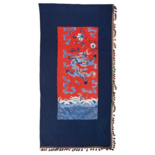 238 - TWO EMROIDERED-SILK RED GROUND 'DRAGON' PANELSQING DYNASTY, 19TH CENTURYeach worked in blue-silk wit... 