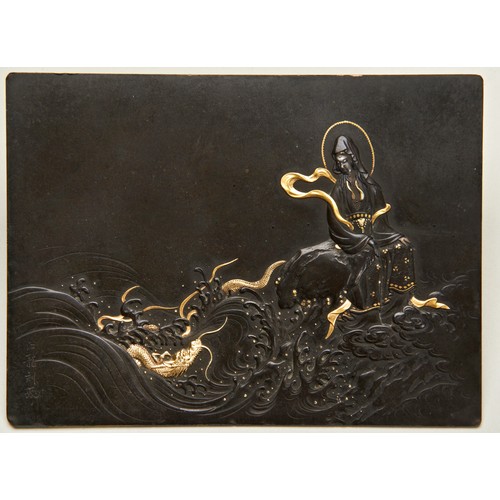 328 - JAPANESE KOMAI MIXED METAL PLAQUE, SIGNED KORYUMEIJI PERIOD (1868-1912)finely worked in relief with ... 