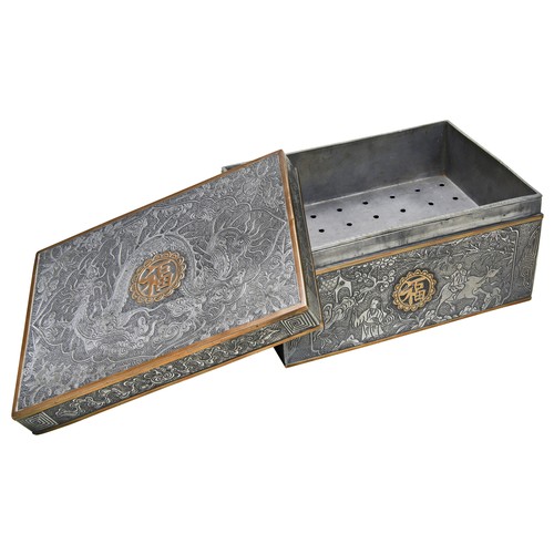 215 - CHINESE PEWTER AND GILT-METAL MOUNTED TEA CADDYQING DYNASTY, 19TH CENTURYthe square sides carved in ... 