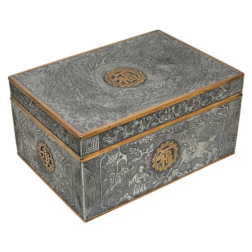 215 - CHINESE PEWTER AND GILT-METAL MOUNTED TEA CADDYQING DYNASTY, 19TH CENTURYthe square sides carved in ... 