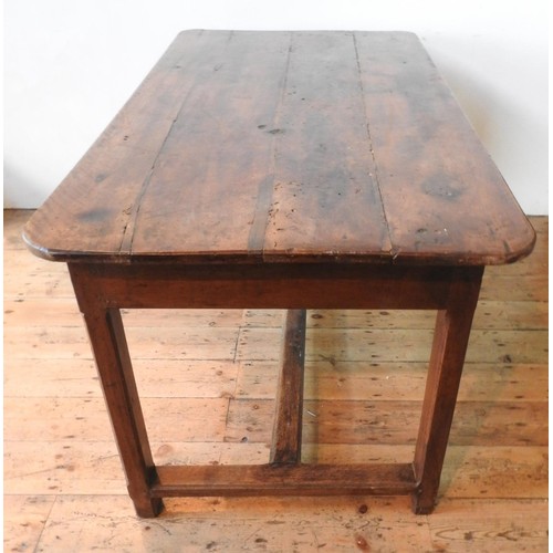 13 - A FRENCH 19TH CENTURY RUSTIC FRUITWOOD FARMHOUSE TABLE WITH DRAWER, the square legs supported by a s... 