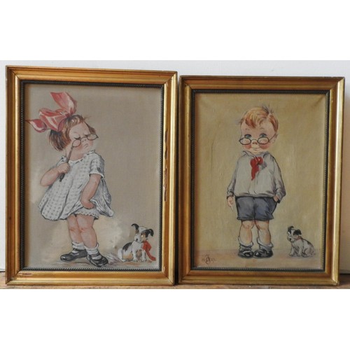 220 - A PAIR OF OIL PAINTINGS ON CANVAS OF BOY AND GIRL, monogramed and dated J.O, 1923, in bottom left co... 