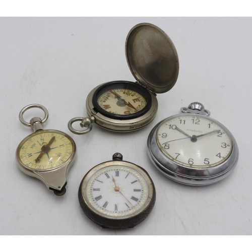 407 - A LADIES HALLMARK SILVER FOB WATCH, INGERSOLL POCKET WATCH, STOP WATCH AND TWO COMPASSES