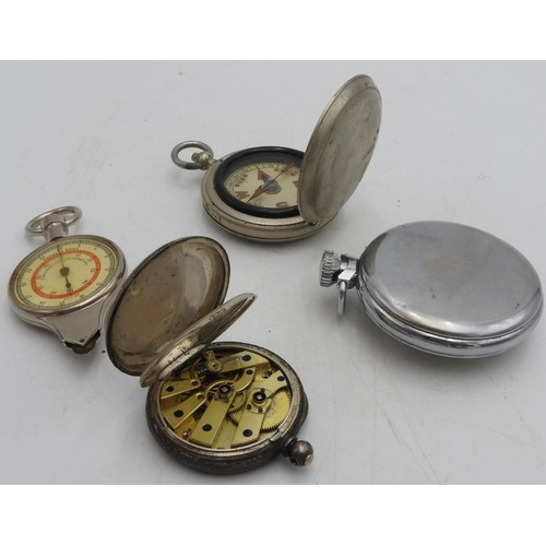 407 - A LADIES HALLMARK SILVER FOB WATCH, INGERSOLL POCKET WATCH, STOP WATCH AND TWO COMPASSES