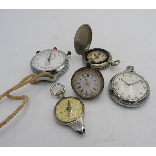 407 - A LADIES HALLMARK SILVER FOB WATCH, INGERSOLL POCKET WATCH, STOP WATCH AND TWO COMPASSES