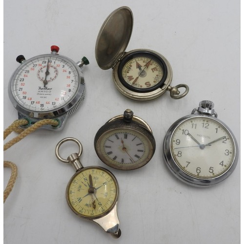 407 - A LADIES HALLMARK SILVER FOB WATCH, INGERSOLL POCKET WATCH, STOP WATCH AND TWO COMPASSES