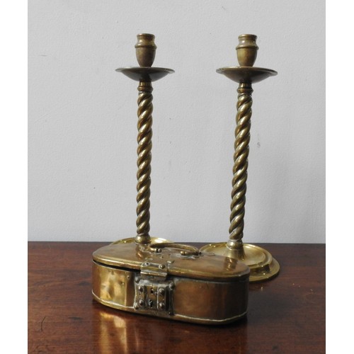 98 - A PAIR OF BRASS BARLEY TWIST CANDLESTICKS AND 19TH CENTURY OVAL BRASS BOX, the candlesticks measurin... 