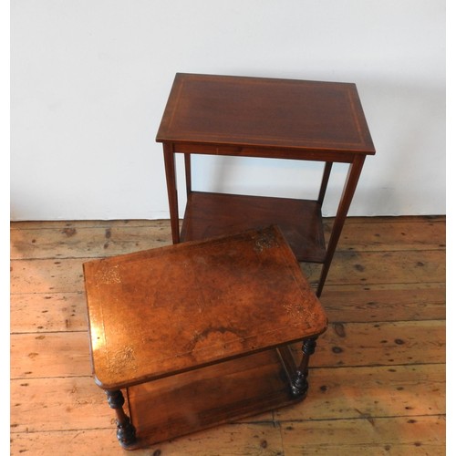 21 - A 19TH CENTURY MAHOGANY INLAID 2-TIER OCCASIONAL TABLE AND A MARQUETRY INLAID WALNUT 2-TIER TABLE, t... 