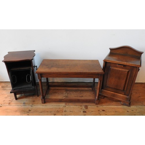 22 - TWO VICTORIAN COAL PURDONIUMS AND AN OAK COFFEE TABLE, one oak and one mahogany purdonium, the coffe... 