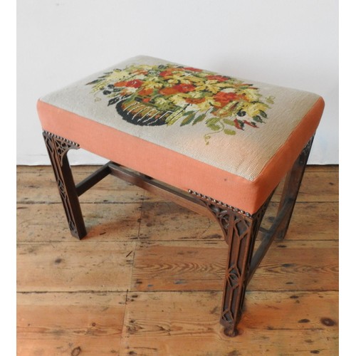 25 - A 19TH CENTURY MAHOGANY FRAMED TAPESTRY TOP STOOL, the tapestry depiciting a floral arrangement, the... 