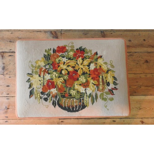 25 - A 19TH CENTURY MAHOGANY FRAMED TAPESTRY TOP STOOL, the tapestry depiciting a floral arrangement, the... 