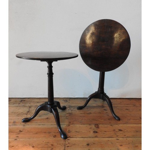 26 - TWO 19TH CENTURY TILT-TOP TRIPOD TABLES, one in mahogany and one with a mahogany top on a stained wa... 