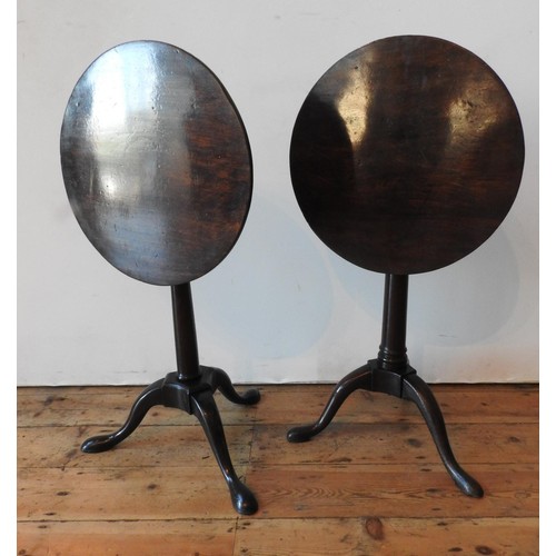 26 - TWO 19TH CENTURY TILT-TOP TRIPOD TABLES, one in mahogany and one with a mahogany top on a stained wa... 