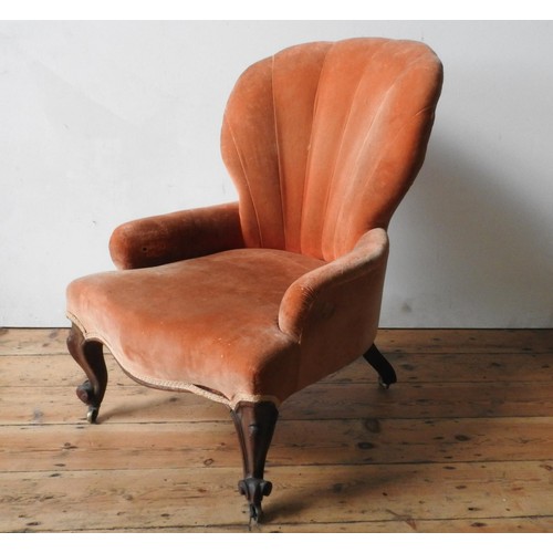 31 - A VICTORIAN MAHOGANY FRAMED SEWING CHAIR, with shell style upholstered back, on carved cabriole legs... 