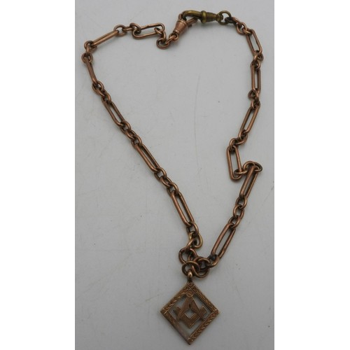 450 - A 9CT GOLD WATCH CHAIN WITH A 9CT GOLD MASONIC FOB, the clasp at one end of the chain appears to be ... 