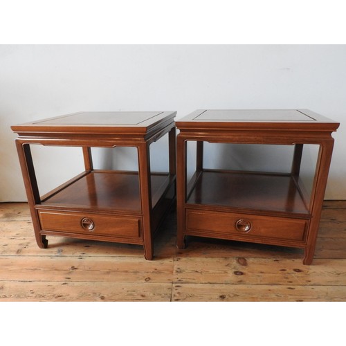 39 - A PAIR OF ANGLO-CHINESE ROSEWOOD TWO TIER SIDE TABLES WITH SINGLE DRAWERS, produced in Hong Kong in ... 