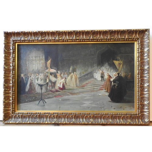 221 - OIL ON CANVAS OF ROYAL WEDDING SCENE, 59.5 x 103 cm