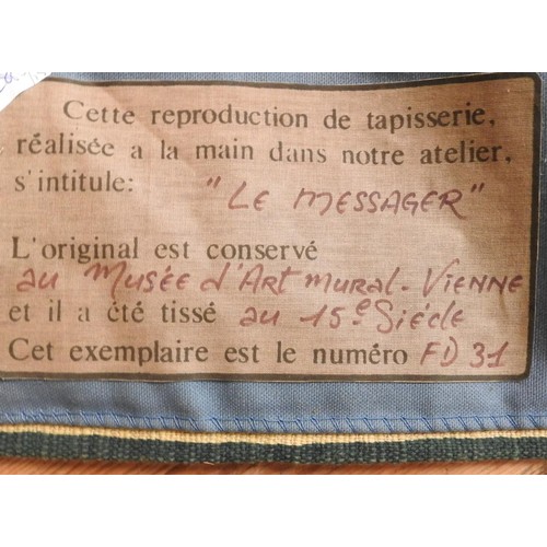 112 - A 20TH CENTURY TAPESTRY WALL HANGING 'LE MESSAGER', on brass rail, measuring 136 x 93 cm