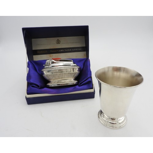 421 - A BOXED RONSON VARAFLAME TABLE LIGHTER AND SILVER PLATED CHRISTOFLE BEAKER, the beaker 8.5 cm high, ... 