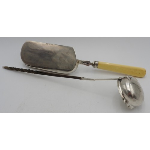 430 - A HALL MARK SILVER CRUMB TRAY AND A SILVER SAUCE LADLE