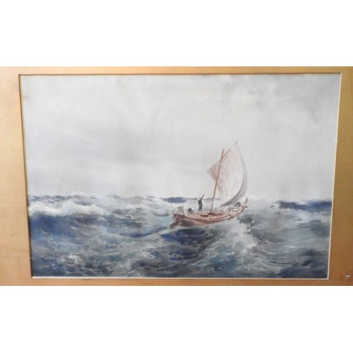 226 - TWO SIGNED WATERCOLOURS OF JAPANESE HARBOUR SCENE AND JUNK IN STORMY SEAS, signed in bottom right co... 