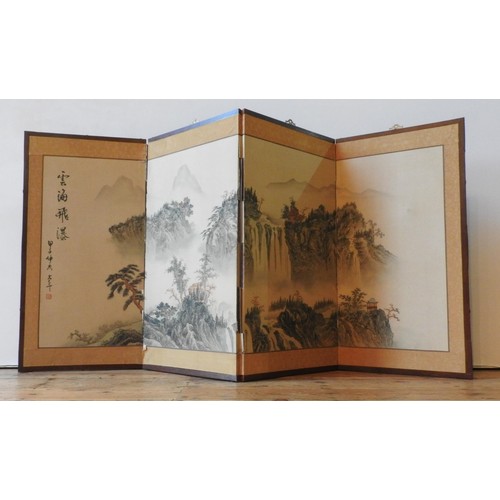 227 - A CHINESE 20TH CENTURY 4-FOLD PICTORAL SCREEN DEPICTING MOUNTAIN SCENE