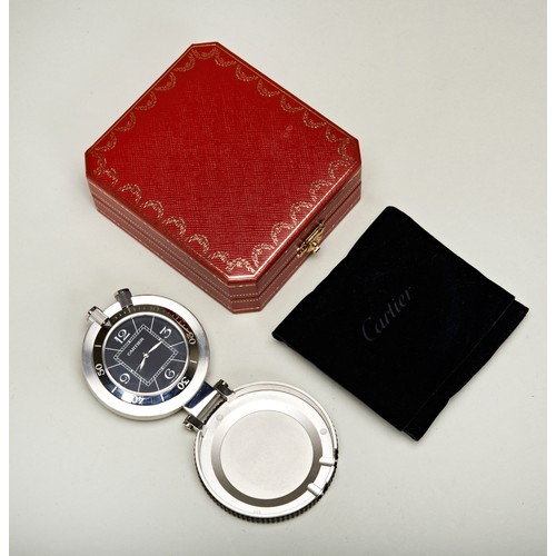 444 - A CARTIER PASHA ALARM TRAVEL CLOCK / POCKET WATCH, stainless steel, quartz movement, 6 cm dia, ref.2... 