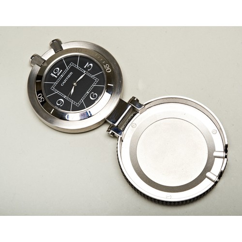 444 - A CARTIER PASHA ALARM TRAVEL CLOCK / POCKET WATCH, stainless steel, quartz movement, 6 cm dia, ref.2... 