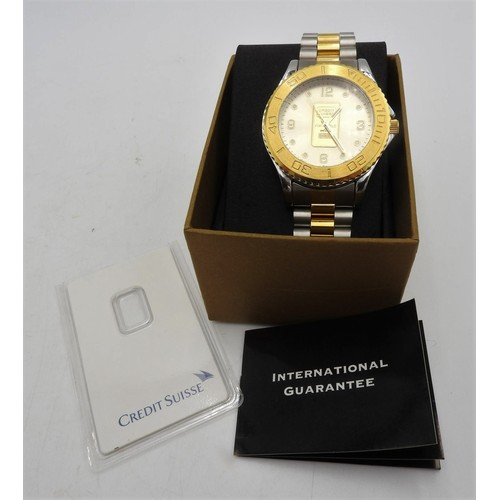 445 - A GENT'S CREDIT SUISSE GOLD PLATED STAINLESS STEEL WRISTWATCH SET WITH GOLD INGOT, water reistant wi... 