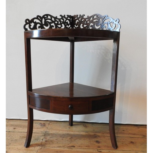 52 - A 20TH CENTURY MAHOGANY CORNER WASHSTAND, with carved fret work back panel