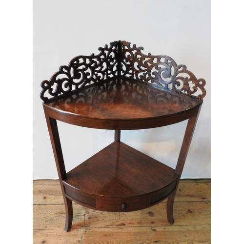 52 - A 20TH CENTURY MAHOGANY CORNER WASHSTAND, with carved fret work back panel