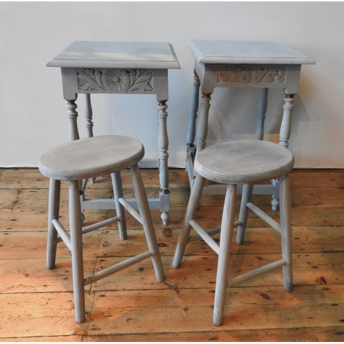 54 - TWO PAINTED STOOLS AND A PAIR OF LAMP TABLES