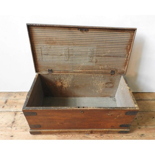 55 - A VICTORIAN METAL BOUND PINE BLANKET BOX AND A STAINED PINE BLANKET BOX