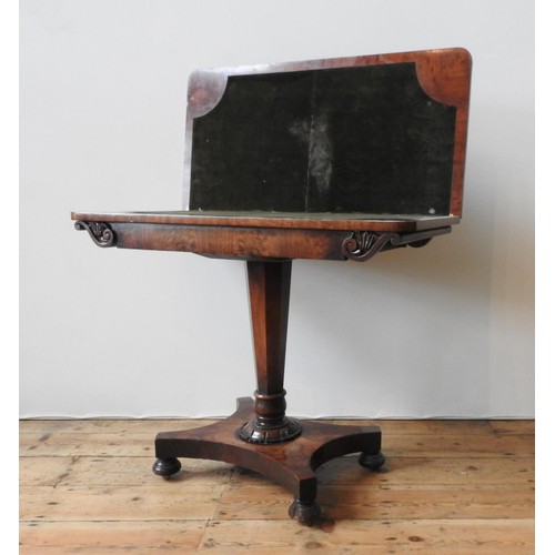 60 - A VICTORIAN MAHOGANY FOLDING CARD TABLE, ,the folding baize lined top sitting atop a tapered octagon... 