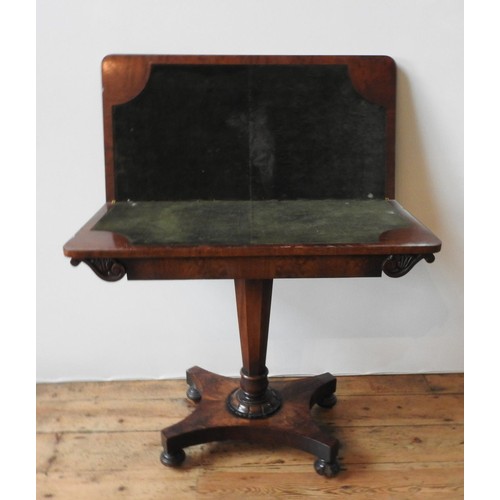 60 - A VICTORIAN MAHOGANY FOLDING CARD TABLE, ,the folding baize lined top sitting atop a tapered octagon... 