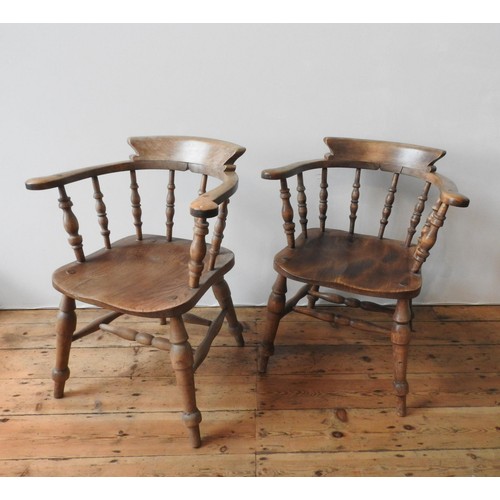 63 - A 19TH CENTURY ELM SEAT SMOKER'S BOW CHAIR AND ONE OTHER, with twin stretcher bar supports, turned l... 