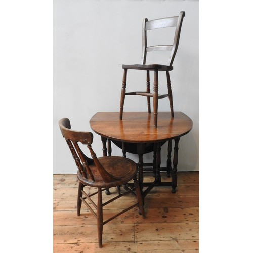 71 - AN OAK GATE-LEG TABLE WITH TWO VICTORIAN SIDE CHAIRS AND A WICKER LOG BASKET, the gate-leg table mea... 