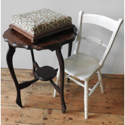 72 - MAHOGANY TWO TIER CENTRE TABLE, PAINTED OXFORD BACK CHAIR AND NEEDLEPOINT FOOTSTOOL, the table measu... 