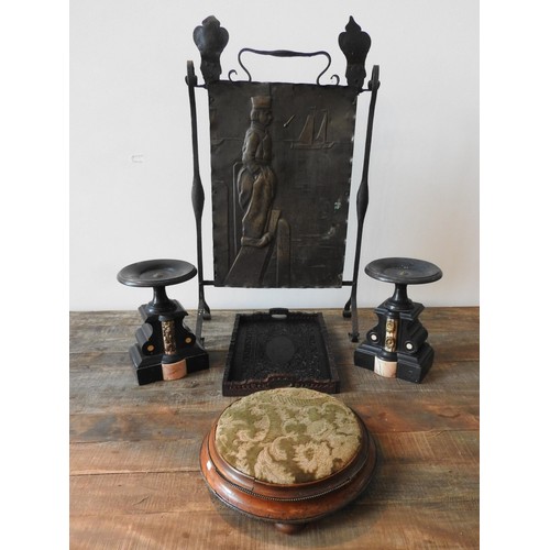 104 - A BRASS & WROUGHT-IRON FIRE SCREEN, TWO VICTORIAN SLATE GARNITURES, CARVED TRAY AND FOOT STOOL, ... 