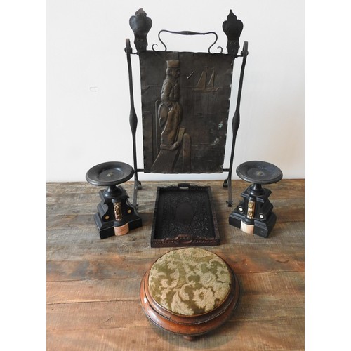 104 - A BRASS & WROUGHT-IRON FIRE SCREEN, TWO VICTORIAN SLATE GARNITURES, CARVED TRAY AND FOOT STOOL, ... 