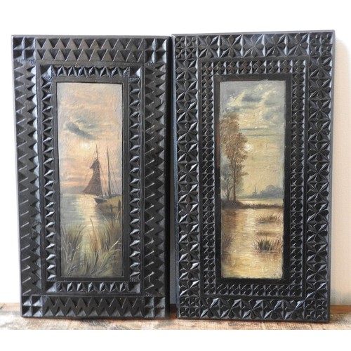 239 - A PAIR OF OIL PAINTINGS ON HAND CARVED PANELS DEPICTING ESTUARY AND RIVER SCENES, each panel 33 x 18... 