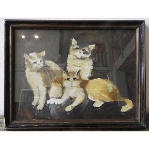 241 - OIL PAINTING ON PAPER OF THREE CATS, 26 x 34 cm