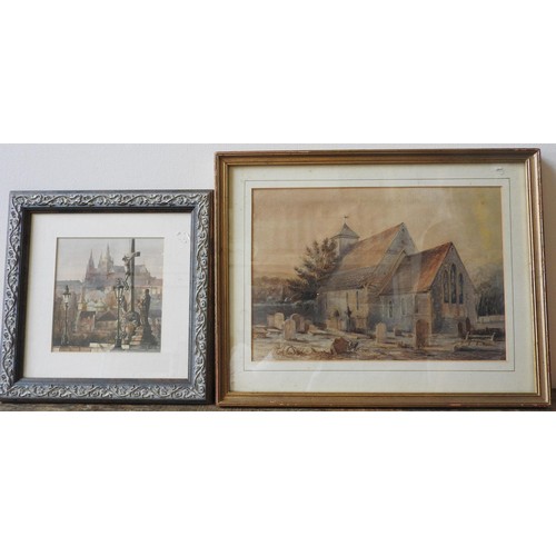 243 - A RURAL CHURCH SCENE WATER COLOUR AND WATER COLOUR OF CRUCIFIXION STATUE, the rural church water col... 