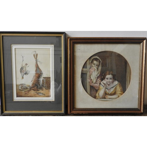 244 - A WATER COLOUR OF HARE AND GAME BIRDS AND A WATER COLOUR OF TWO EARLY 19TH CENTURY LADIES, the hare ... 