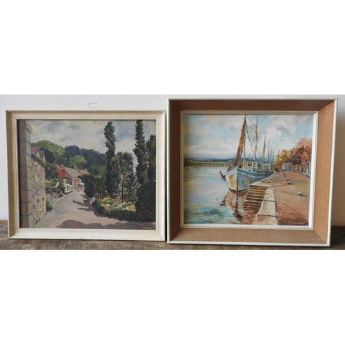 245 - DORIS LUXTON (b.1908) OIL ON CANVAS OF QUAYSIDE SCENE AND A VILLAGE STREET SCENE SIGNED COLBY, the L... 