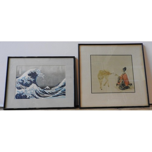 247 - TWO JAPANESE COLOUR LITHOGRAPHS OF HOKUSAI 'UNDERNEATH THE WAVE' AND 'JAPANESE GIRL WITH FAWN', the ... 